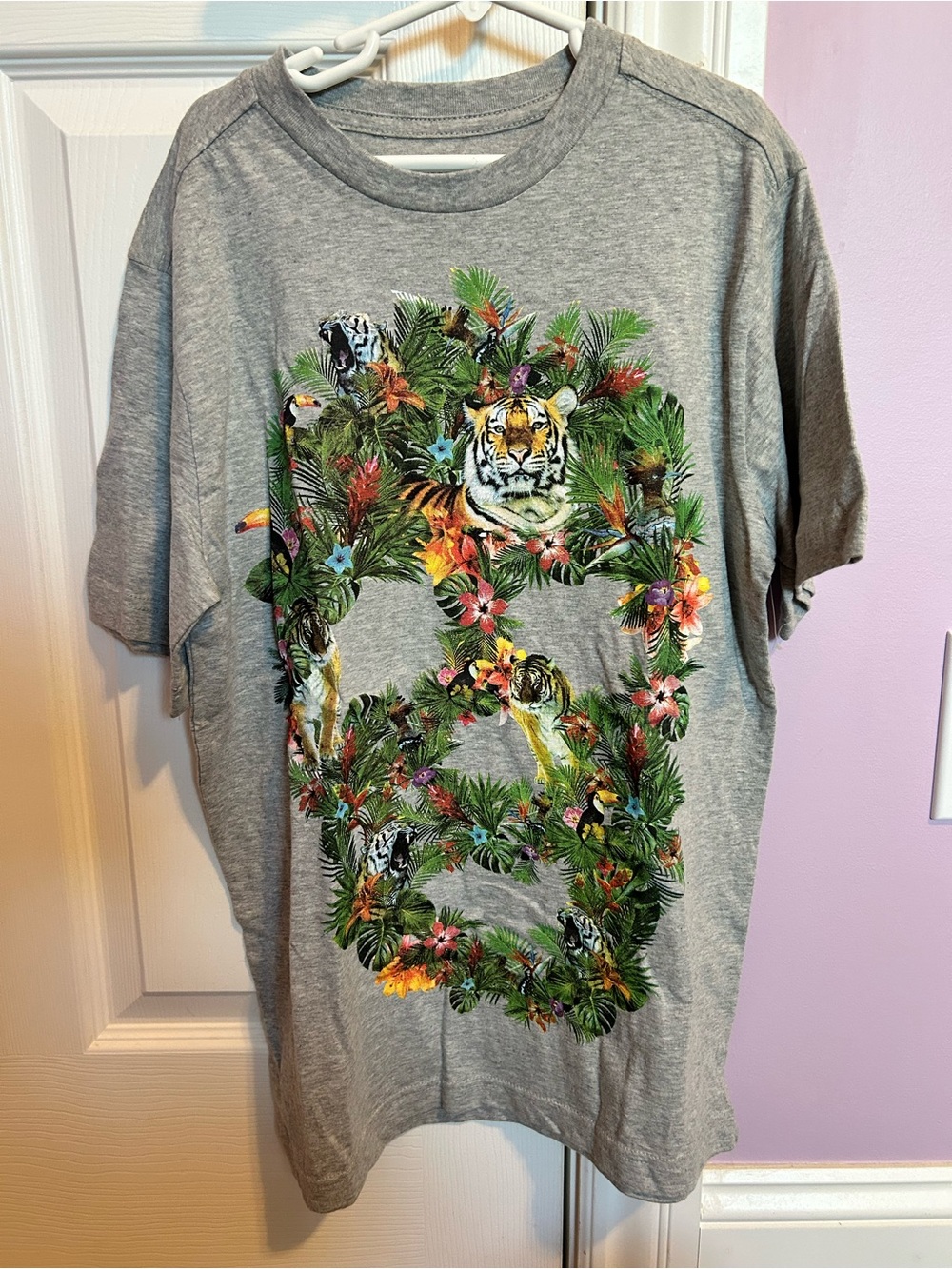 Soho Apparel Gray Tee with Tropical Tiger & Floral Graphic